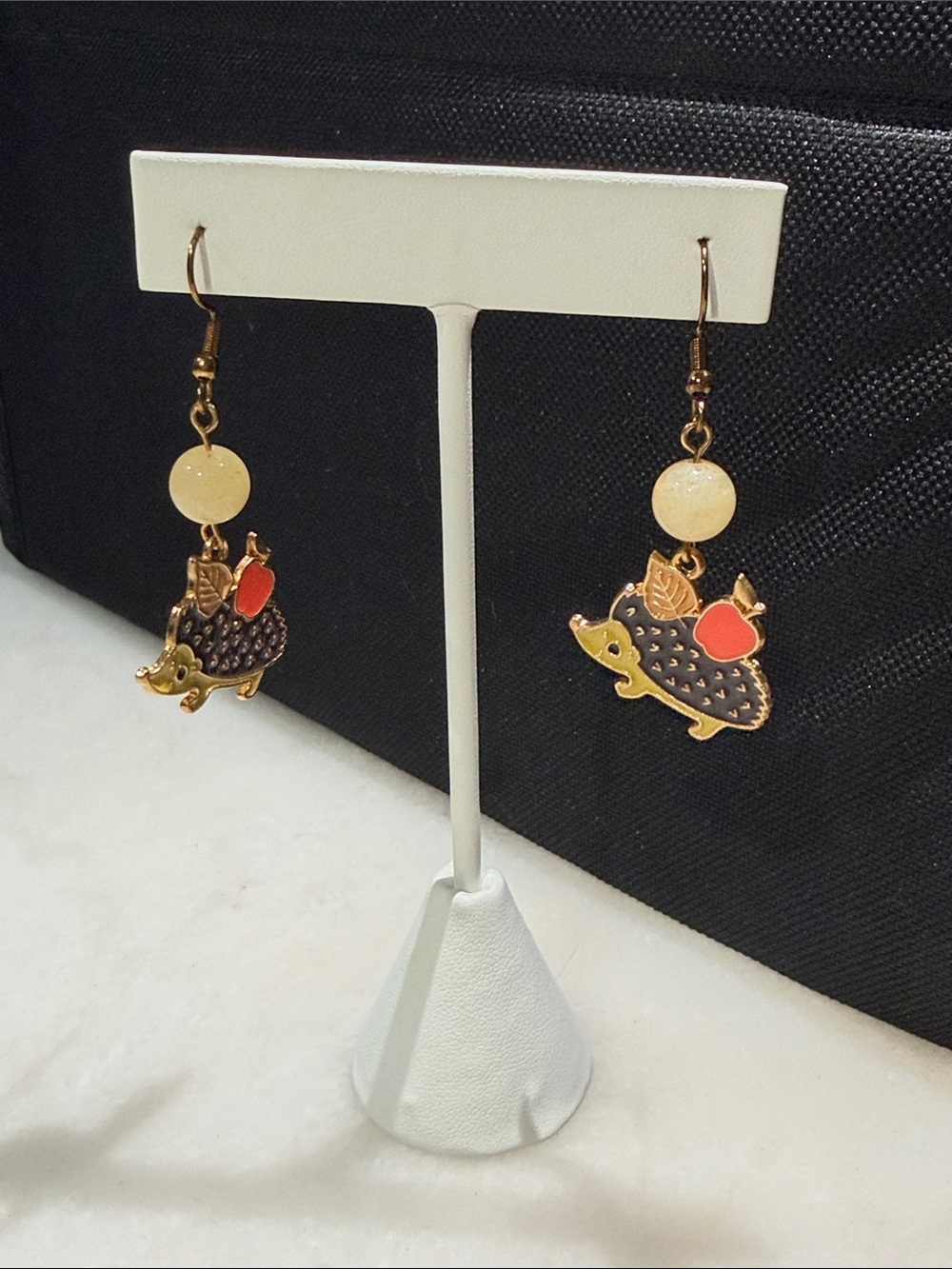 Hand Crafted Hedgehog Earrings Jade Crystal Bead Fall Novelty Jewelry